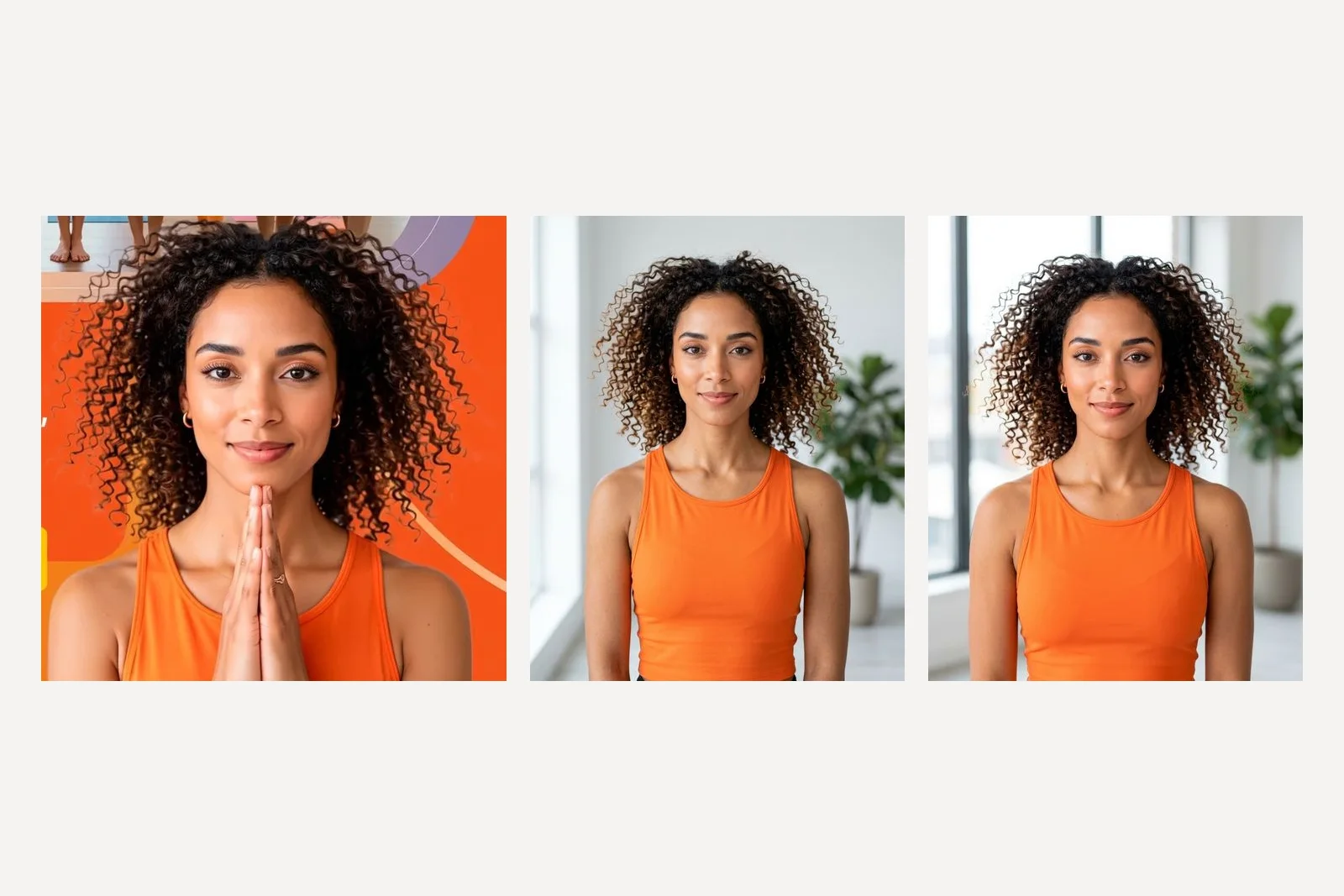 The reference woman and two waist-up team page photos of her in her own orange top and hoop earrings, standing in a bright white room with a window and a plant: Nano Banana 2 and Nano Banana Pro