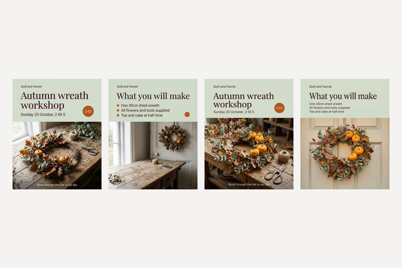 Two pairs of carousel slides. Each second slide keeps the sage panel and plum type of the first, with the headline What you will make and three lines over a wreath on a pale door. Nano Banana 2.1's second slide has orange bullet points and an empty orange circle where the price had been