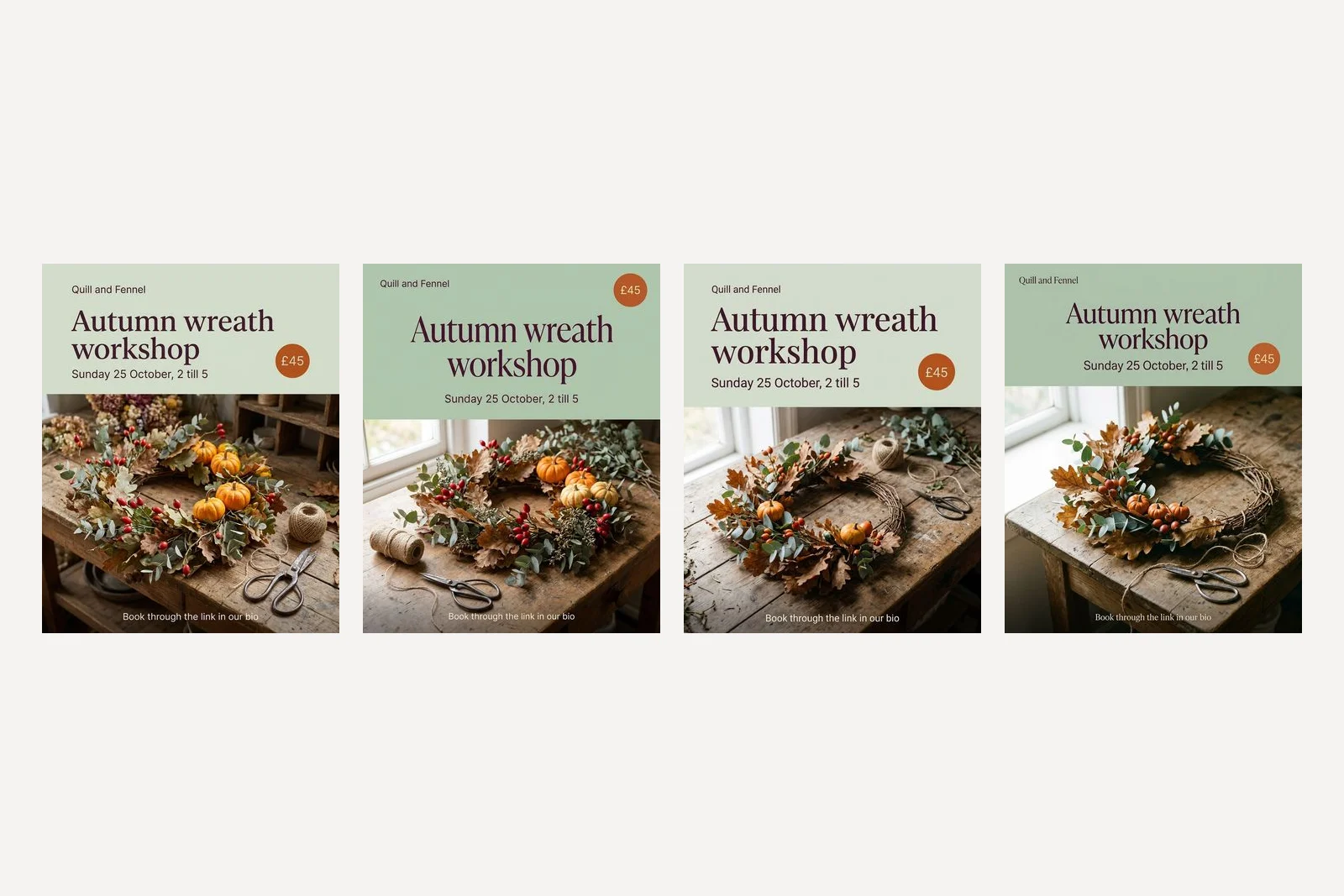 Four florist posts in pairs. In each pair the first has a pale grey-green panel and the second, made with colour names instead of hex codes, a noticeably deeper green panel