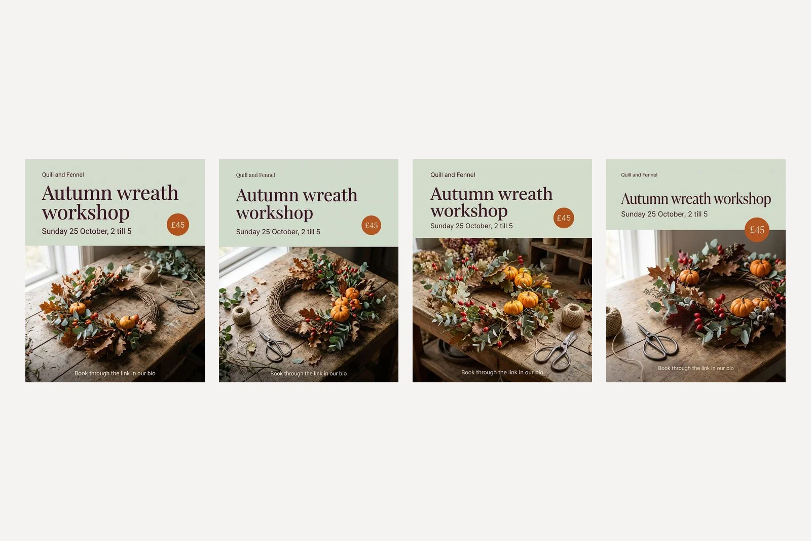 Four nearly identical florist posts in pairs. Each pair is the same model given the brief as prose and as JSON, with the same headline, date, price badge and wreath photograph