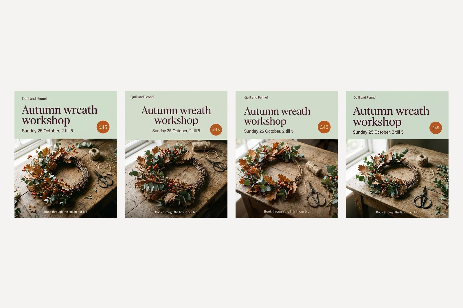Four florist posts showing a wreath of oak leaves, eucalyptus and rose hips with no pumpkins on any of them