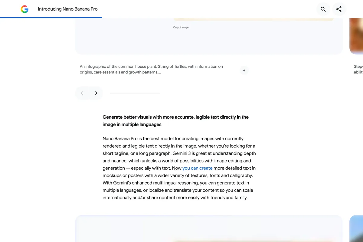 Google's announcement Introducing Nano Banana Pro, section headed Generate better visuals with more accurate, legible text directly in the image in multiple languages