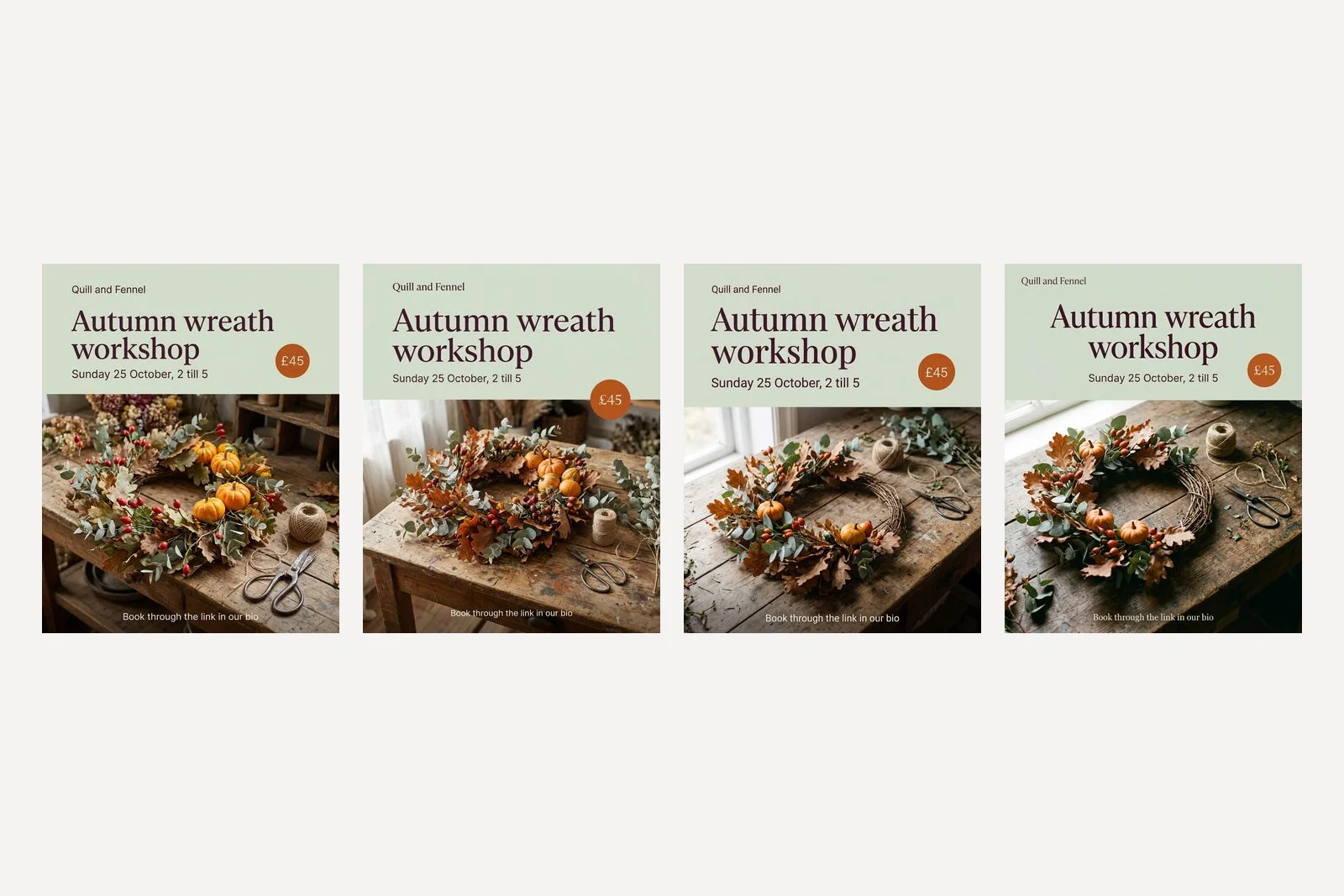 Two pairs of florist posts made from an identical prompt. The text and panel match within each pair, but the wreath, the twine, the scissors and the window are arranged differently