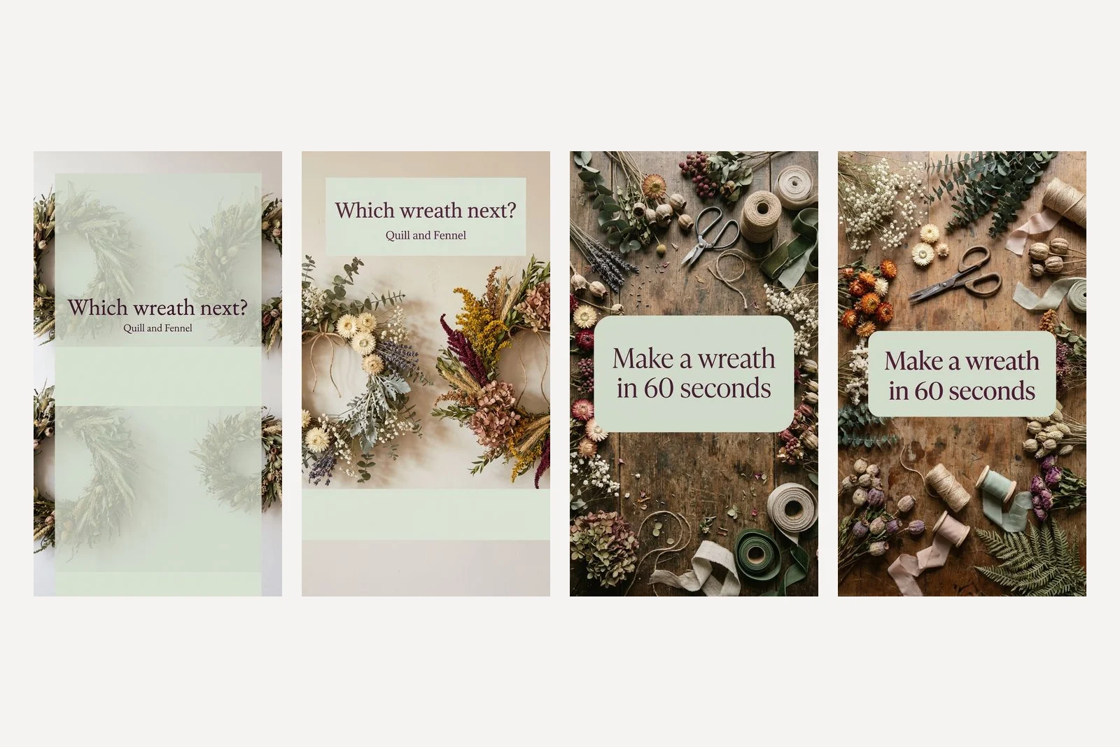 Four vertical images. Nano Banana 2.1's Story is covered by a pale translucent sage veil with ghosted wreaths behind it. Nano Banana Pro's Story has a clean sage panel at the top reading Which wreath next? above two wreaths, and an empty band near the bottom. Two Reel covers show dried flowers and tools around a sage box reading Make a wreath in 60 seconds