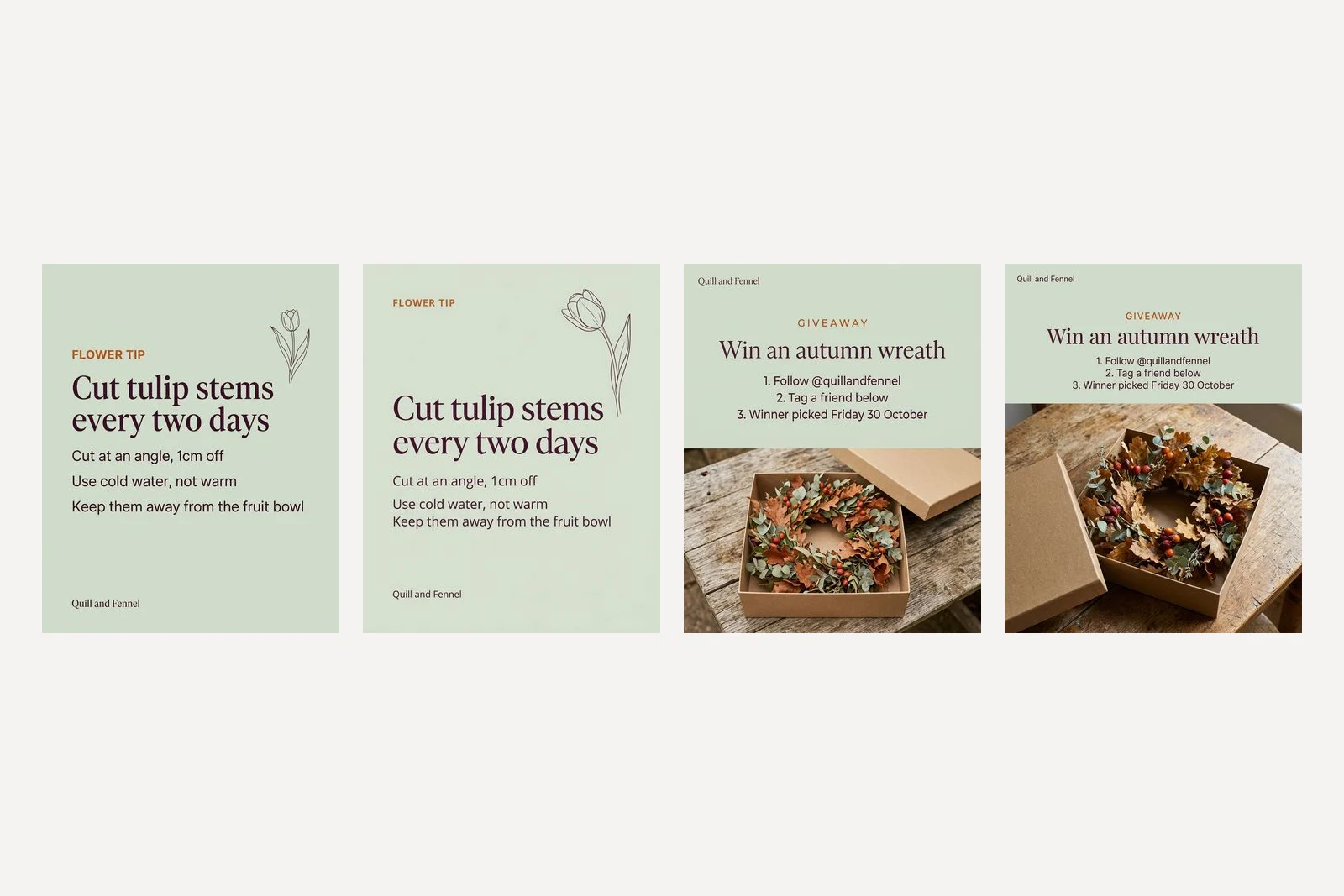Four posts on sage backgrounds. Two tip cards reading FLOWER TIP, Cut tulip stems every two days, with three care lines and a small tulip drawing, and two giveaway posts reading GIVEAWAY, Win an autumn wreath, with three numbered entry steps above a wreath in a kraft box