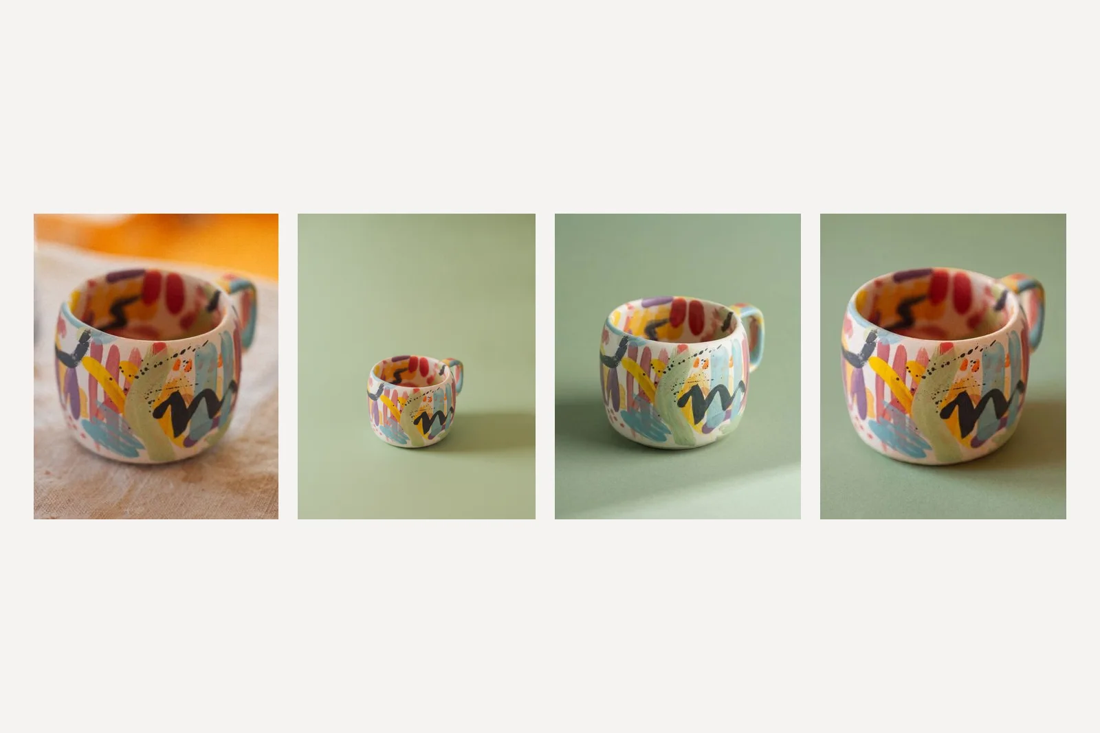 The original mug photo, then three versions on a sage green backdrop. Nano Banana made the mug small and moved it, Nano Banana 2 pulled back and changed the angle, and Nano Banana Pro kept the framing closest to the original