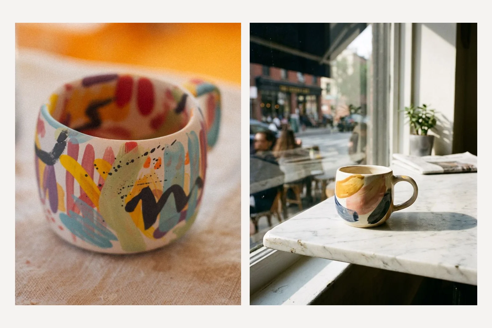 Left, the real hand-painted mug covered in dozens of strokes. Right, Nano Banana Pro's image from a text description only: a different mug with four broad strokes on a marble table by a window