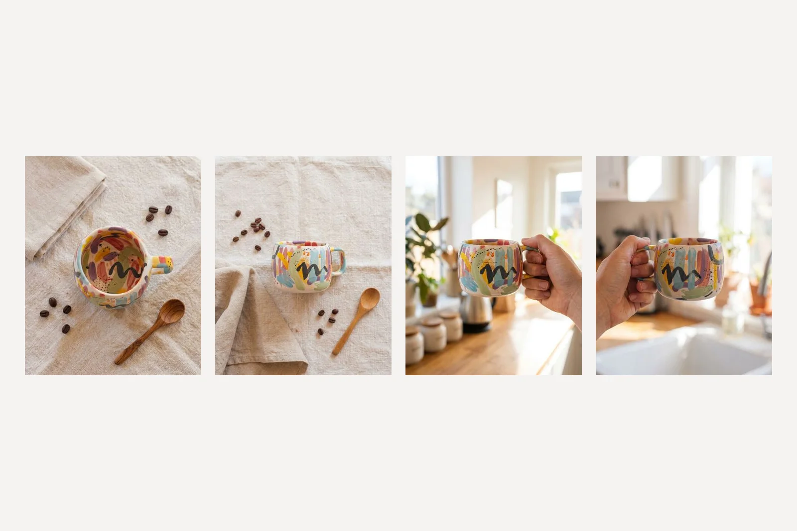 Four images of the mug. Nano Banana 2's flat lay seen from directly above, Nano Banana Pro's flat lay photographed from the side, and both models' versions of a hand holding the mug in a bright kitchen