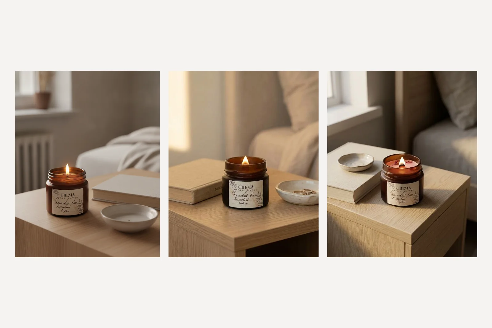 Three versions of the lit candle on an oak bedside table. Nano Banana's jar is lighter amber and taller, Nano Banana 2's is closest to the original, and Nano Banana Pro's has pink wax