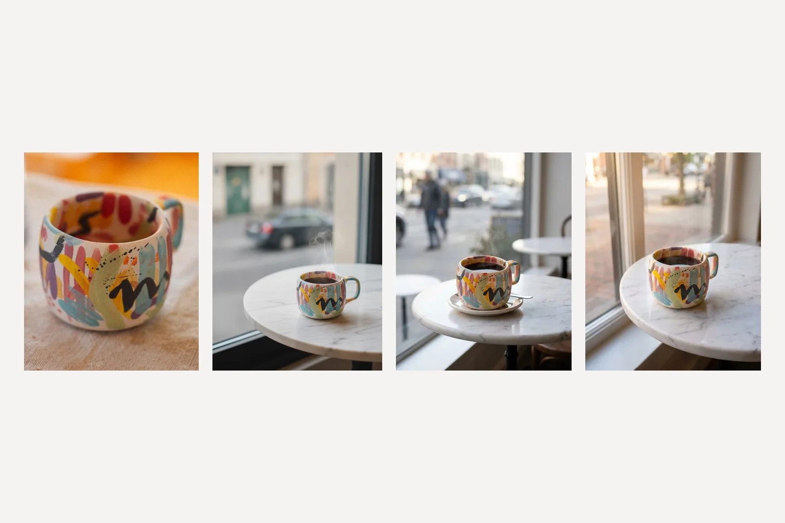The hand-painted mug in the original photo, then three versions on a marble cafe table by a window: Nano Banana's squatter mug with simpler strokes, Nano Banana 2's with a saucer and spoon, and Nano Banana Pro's closest to the original