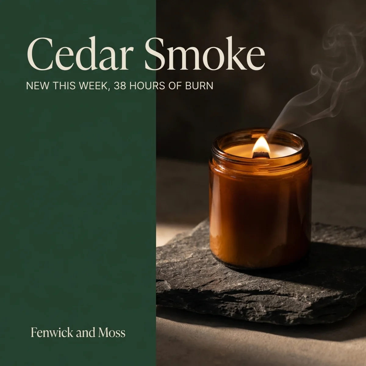 A generated square post for a candle brand. A dark green panel on the left carries the headline Cedar Smoke, which runs past the edge of the panel and across the photograph of an amber glass candle on the right