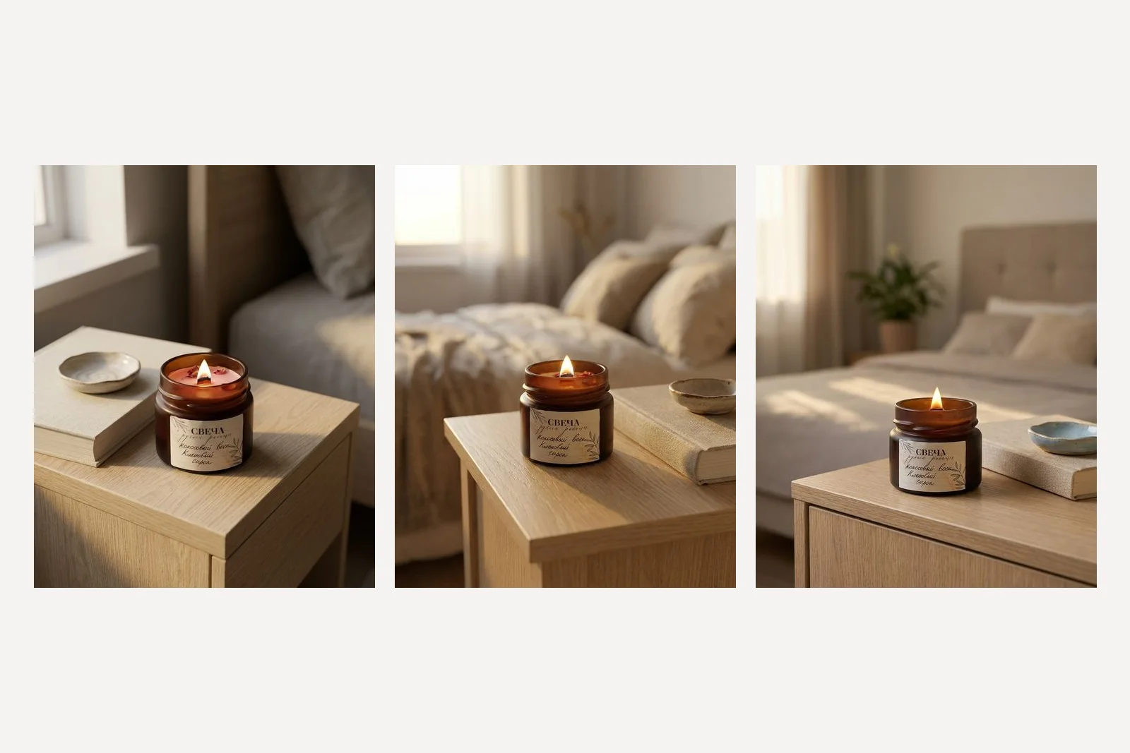 Three Nano Banana Pro versions of the candle on a bedside table: the first run with pink wax, a second run of the same prompt with brown wax, and the run with the product described in words, with a dark frosted jar