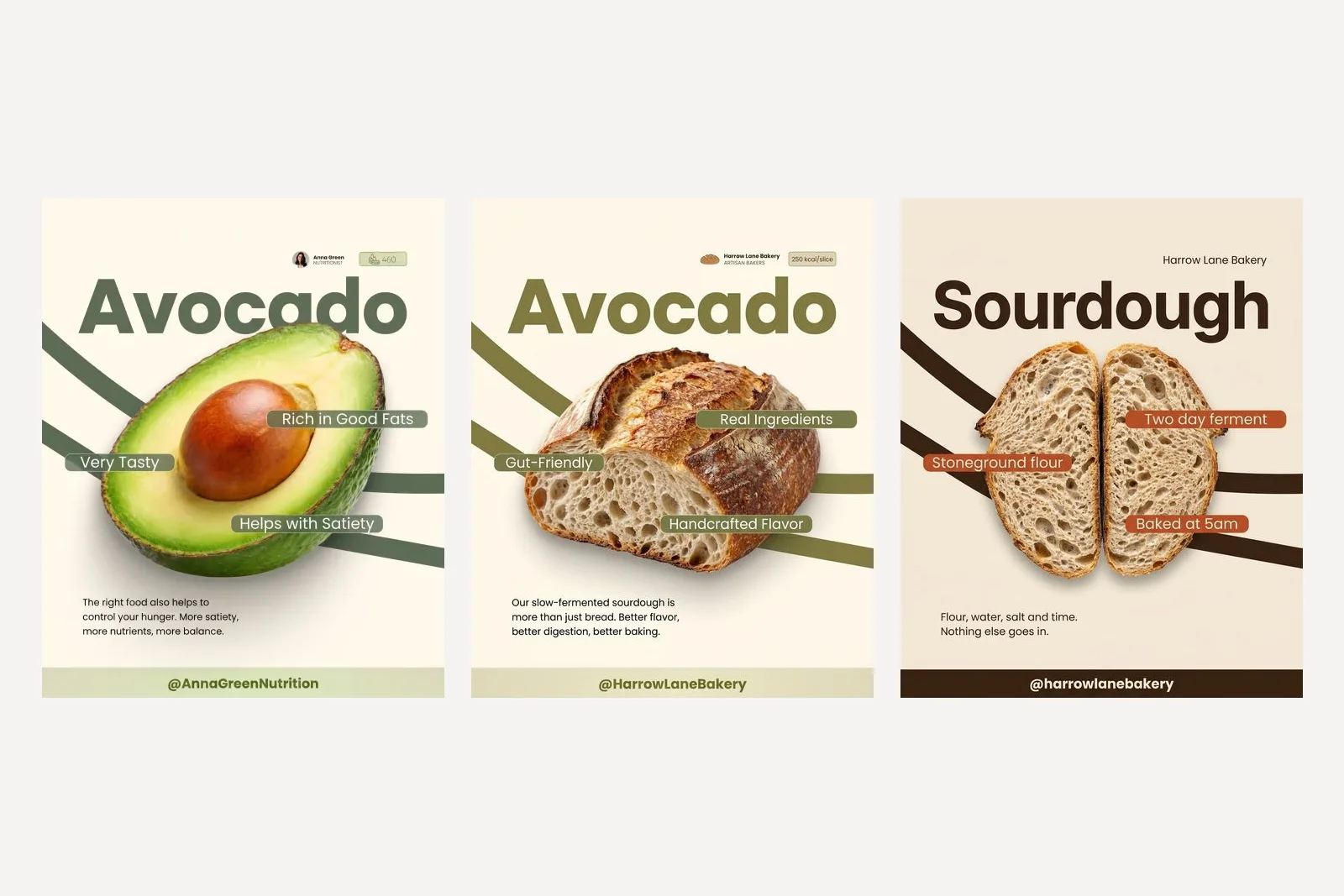 Three posts side by side. The first is the reference, a nutritionist's post headed Avocado with half an avocado. The second is the one line result, a loaf of sourdough still headed Avocado in the same green. The third is the briefed result, headed Sourdough in brown and orange with the three requested labels