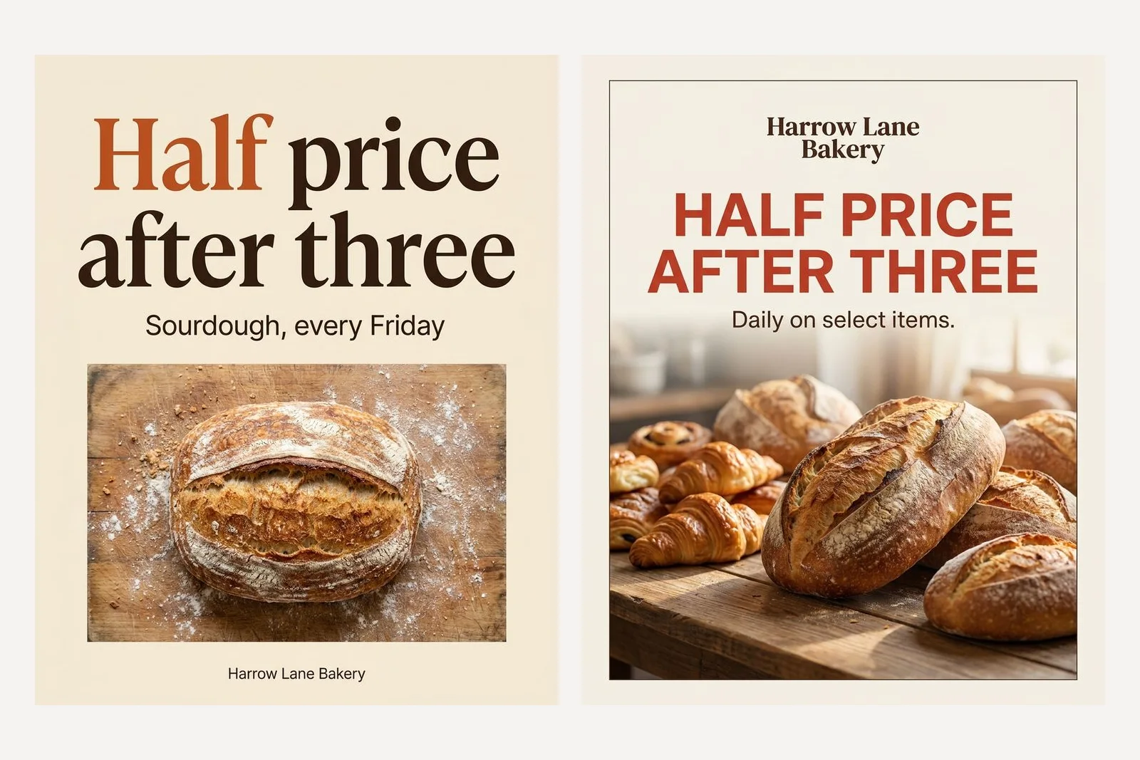 Two generated bakery posters side by side. The left is the clean result of the 690 character brief. The right, from a 5,967 character list of rules, has a thin border around the frame and the invented line Daily on select items under the headline
