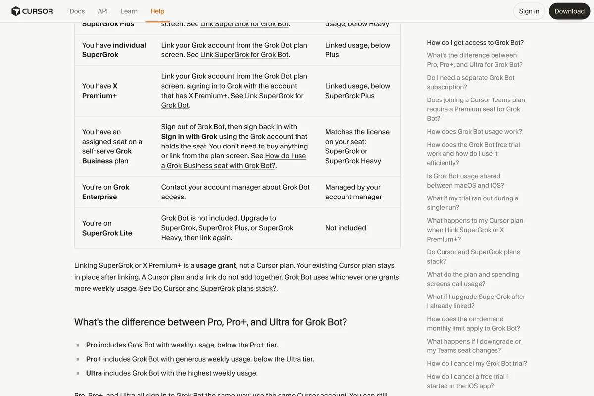 Cursor's Grok Bot plans table, with the row for SuperGrok Lite saying Grok Bot is not included and to upgrade