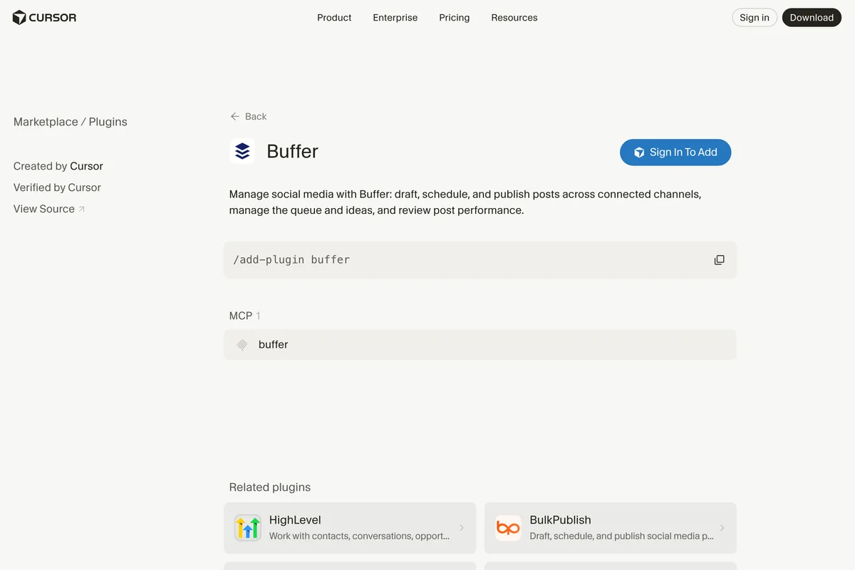 The Buffer plugin on the Cursor Marketplace, created by Cursor and verified by Cursor, to draft, schedule and publish posts across connected channels