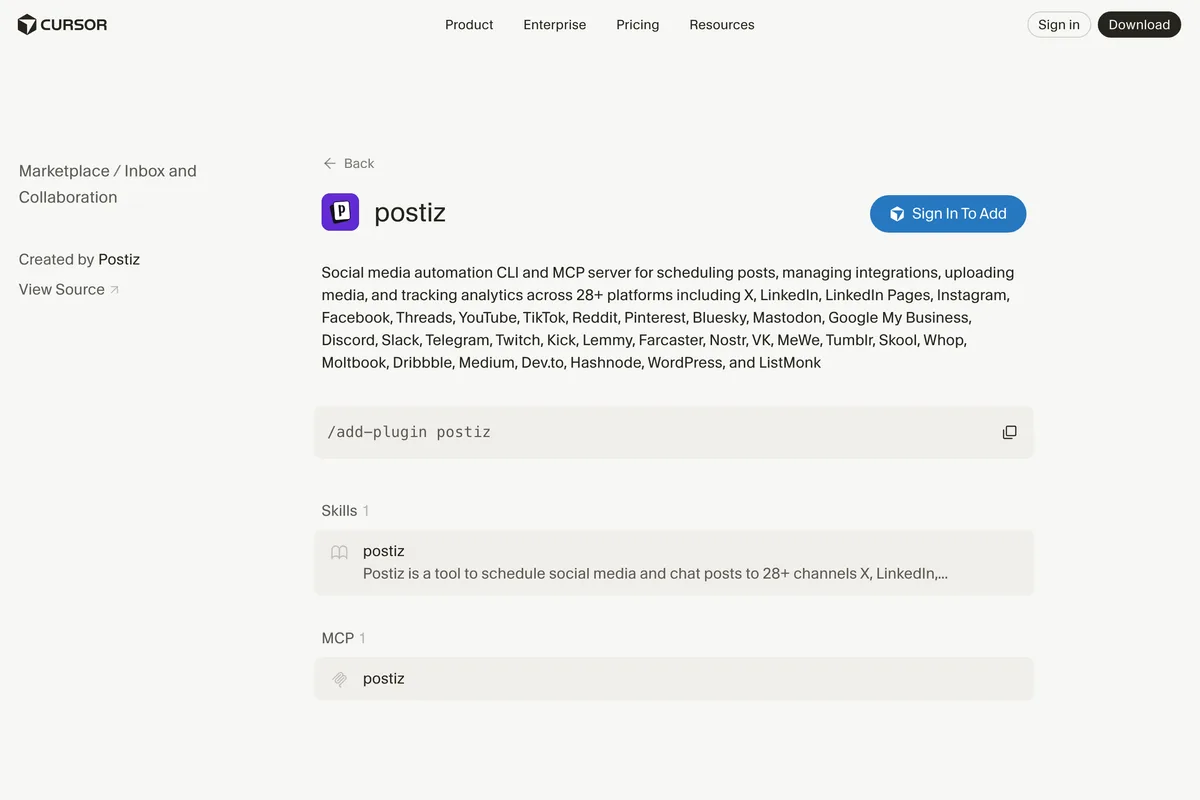 The postiz plugin on the Cursor Marketplace, created by Postiz, describing a social media automation CLI and MCP server for 28 plus platforms including Instagram, with the command /add-plugin postiz