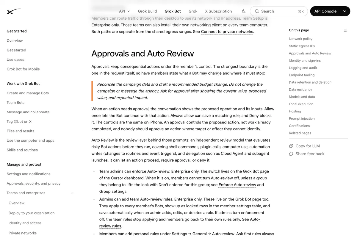 xAI's Grok Bot security documentation section Approvals and Auto Review, describing the Allow once, Always allow and Deny controls and the Auto Review model