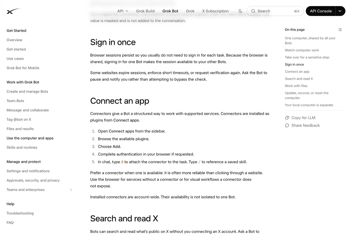 xAI's Grok Bot documentation section Connect an app, with the five steps to add a plugin from Connect apps