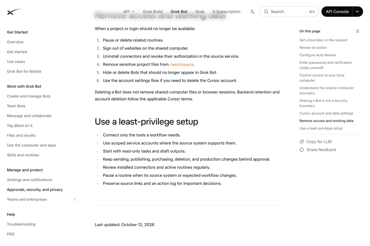 xAI's Grok Bot documentation section Use a least-privilege setup, including the line keep sending, publishing, purchasing, deletion and production changes behind approval