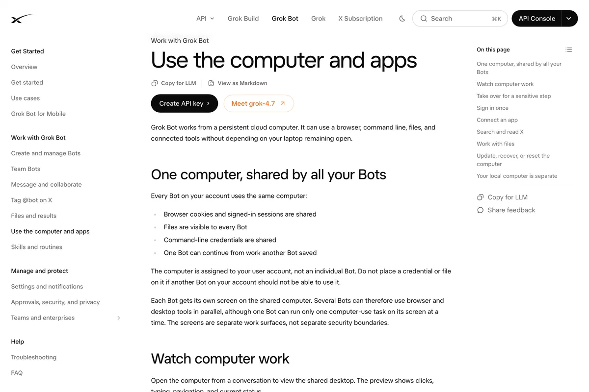 xAI's Grok Bot documentation section One computer, shared by all your Bots, listing shared browser cookies, files and command line credentials