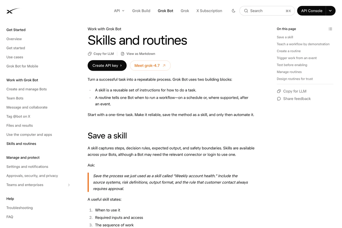 xAI's Grok Bot documentation page Skills and routines, explaining that a skill is a reusable set of instructions and a routine tells one Bot when to run a workflow