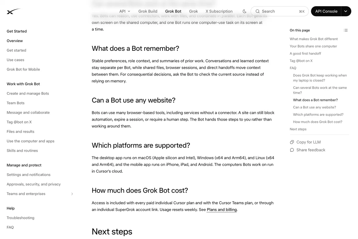 xAI's Grok Bot FAQ answer Can a Bot use any website, saying a site can still block automation, expire a session or require a human step, and the Bot hands those steps to you