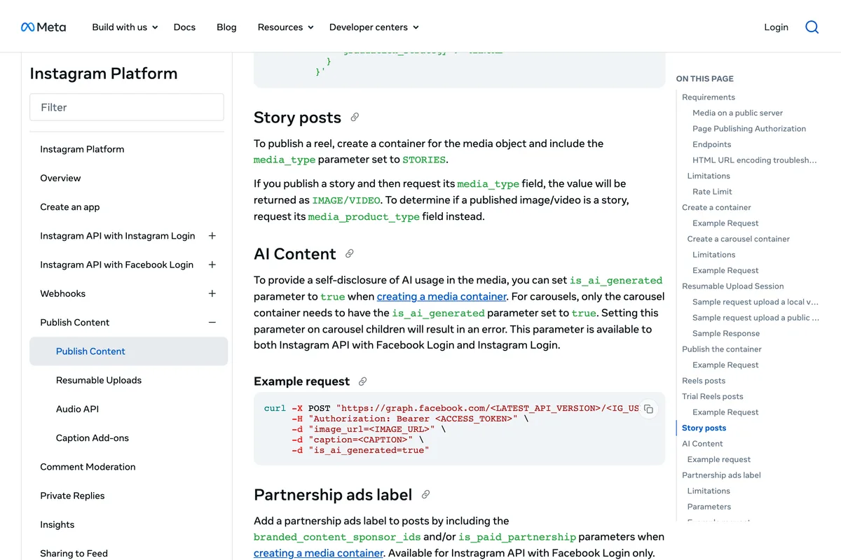 Meta's Content Publishing guide sections Story posts and AI Content, explaining the is_ai_generated parameter for self-disclosing AI-generated media