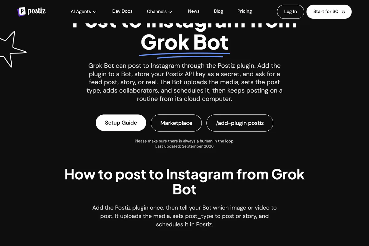 Postiz's page Post to Instagram from Grok Bot, describing adding the Postiz plugin, storing the API key as a secret and posting a feed post, story or reel, with the note to make sure there is always a human in the loop
