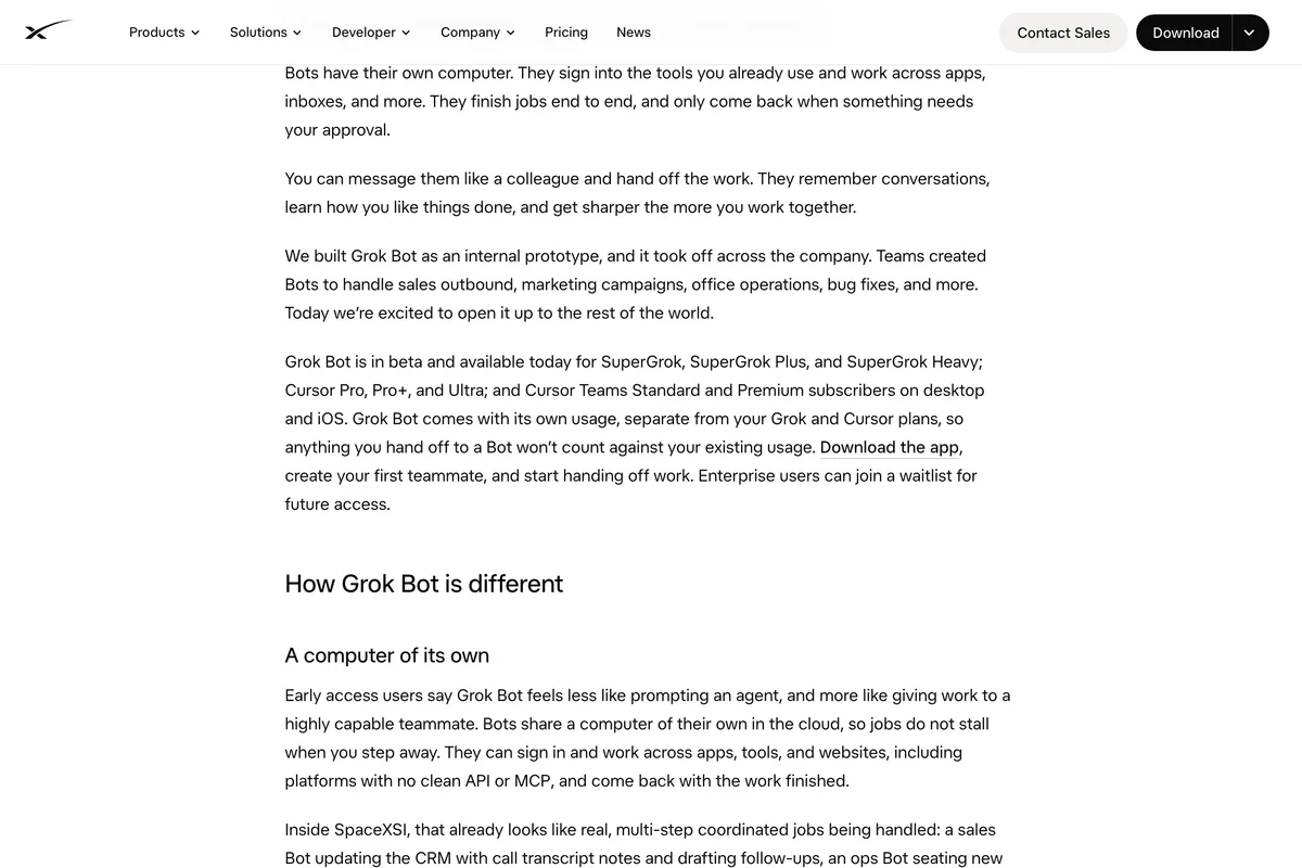 xAI's Introducing Grok Bot post, with the paragraph saying Grok Bot is in beta and available for SuperGrok and Cursor subscribers