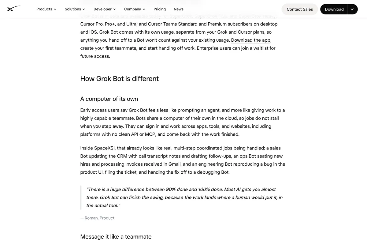 xAI's Grok Bot launch post section A computer of its own, saying Bots can work across platforms with no clean API or MCP