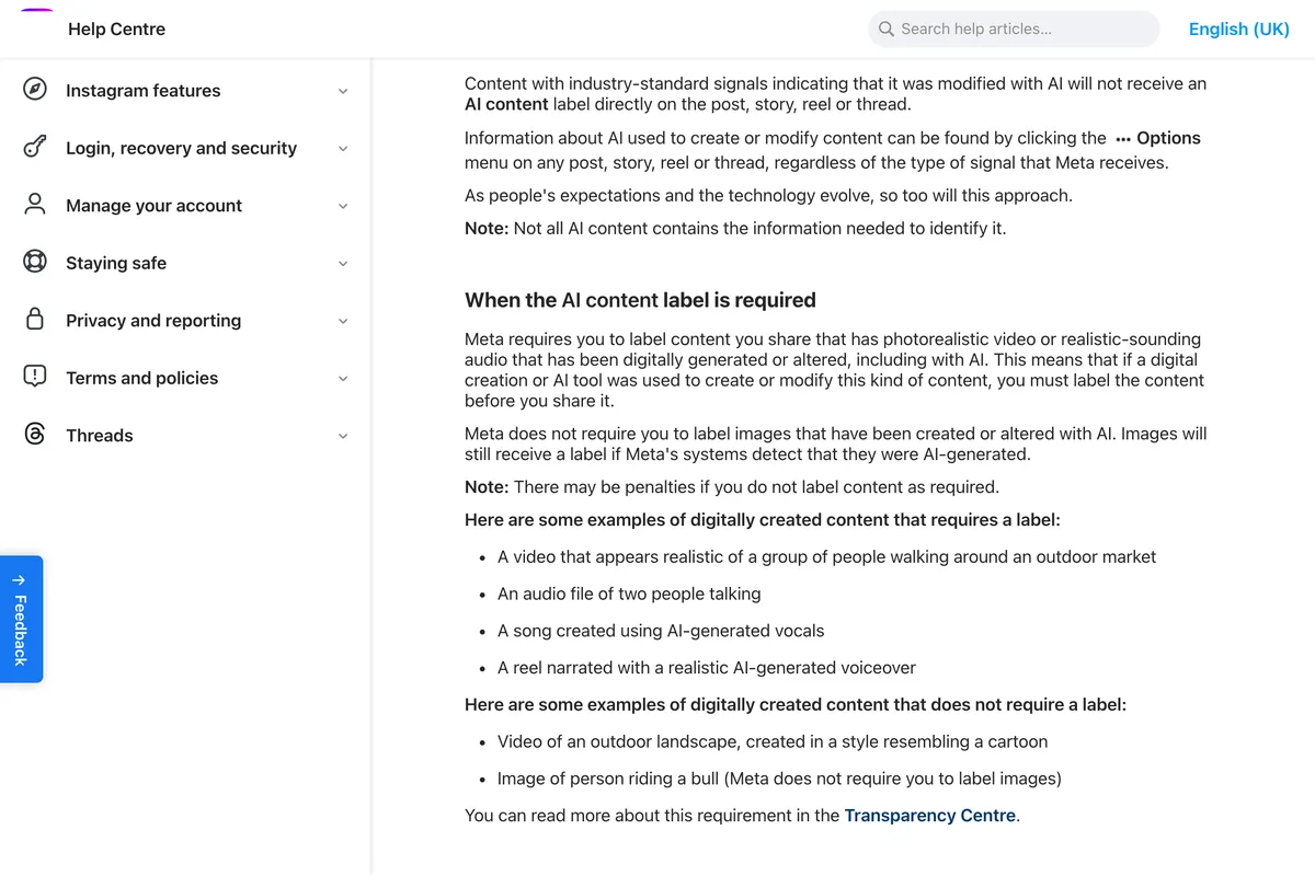 Instagram Help Centre section headed When the AI content label is required, stating that Meta requires labels on photorealistic video and realistic sounding audio, and that Meta does not require you to label images created or altered with AI