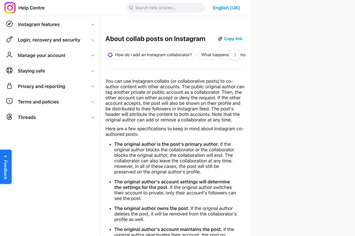 Instagram Help Centre page About collab posts on Instagram, first paragraph ending: Note that the original author can add or remove a collaborator at any time