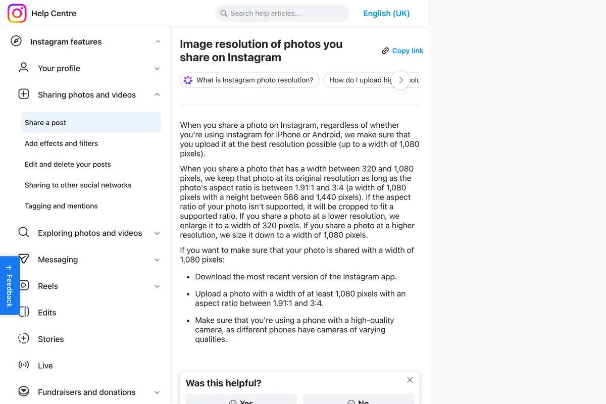 Instagram Help Centre page Image resolution of photos you share on Instagram, stating that a photo keeps its original resolution as long as its aspect ratio is between 1.91:1 and 3:4, a width of 1,080 pixels with a height between 566 and 1,440 pixels