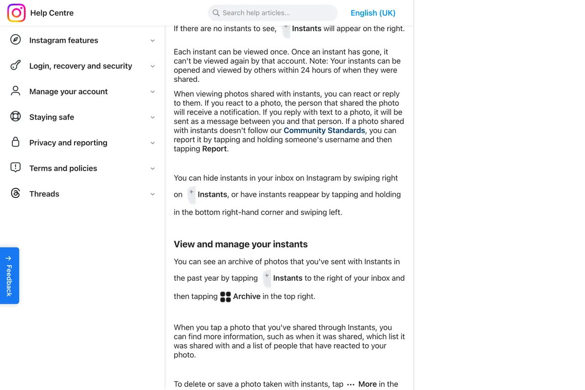 Instagram Help Centre article on Instants, saying you can hide instants in your inbox by swiping right on Instants, or have them reappear by tapping and holding in the bottom right corner and swiping left
