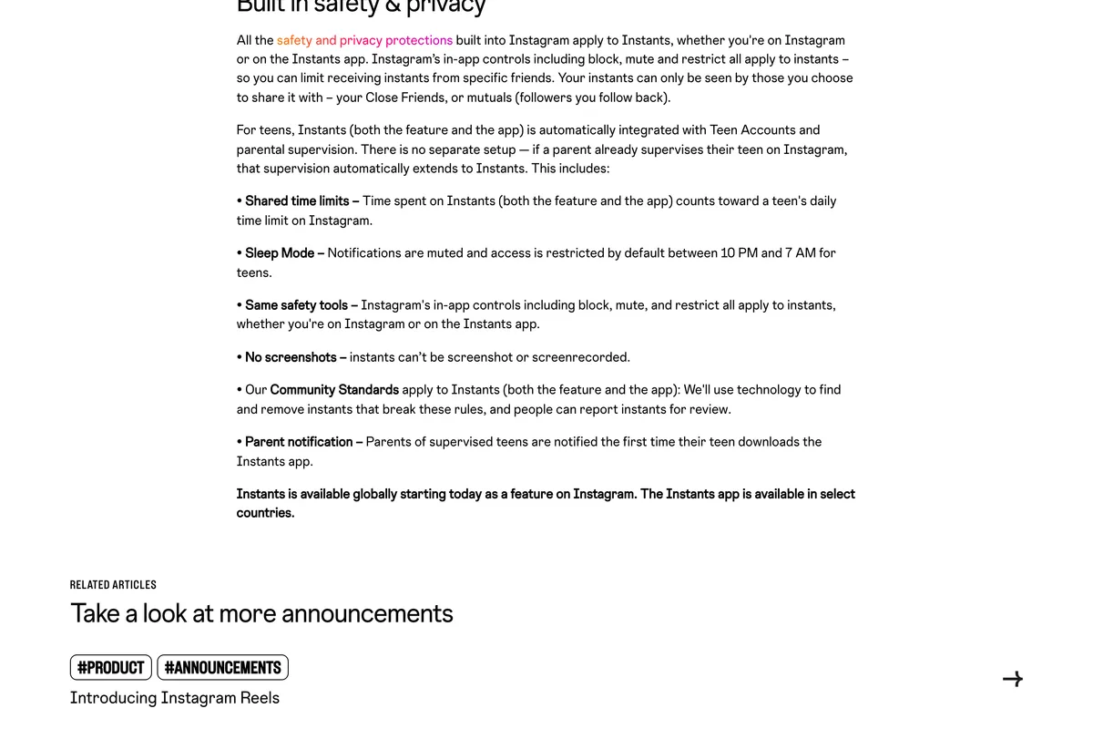 Instagram's Instants announcement, Built in safety and privacy, listing teen protections including shared time limits, Sleep Mode between 10 PM and 7 AM, block mute and restrict, no screenshots, instants can't be screenshot or screenrecorded, Community Standards and parent notification