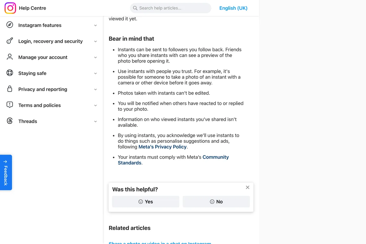 Instagram Help Centre article on Instants, Bear in mind section, listing that friends see a preview before opening, that someone can photograph an instant with another device, that photos can't be edited, that you are notified of reactions and replies, that information on who viewed instants you've shared isn't available, and that Instagram uses instants to personalise suggestions and ads
