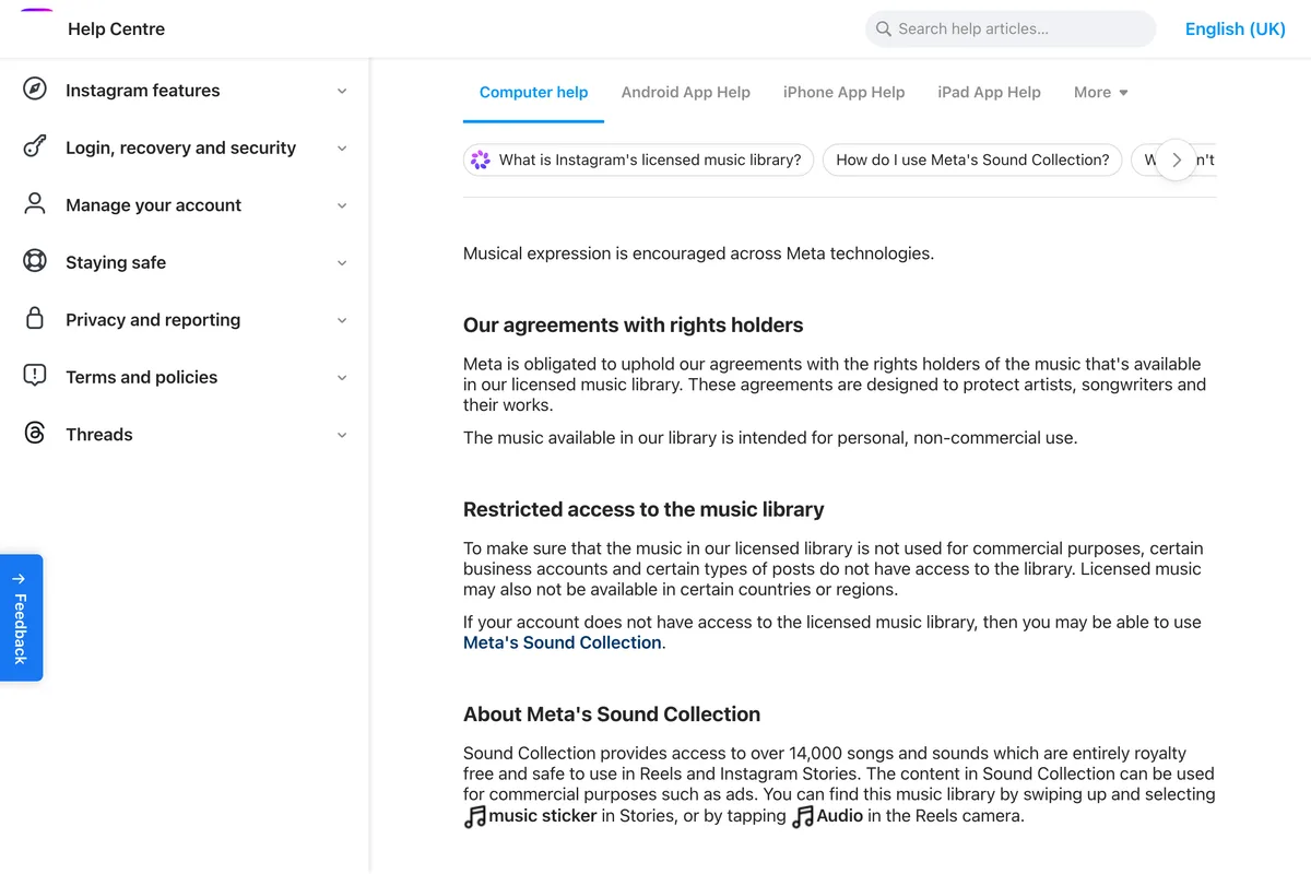 Instagram Help Centre page titled Access to the licensed music library on Instagram, showing the sections Our agreements with rights holders, Restricted access to the music library and About Meta's Sound Collection