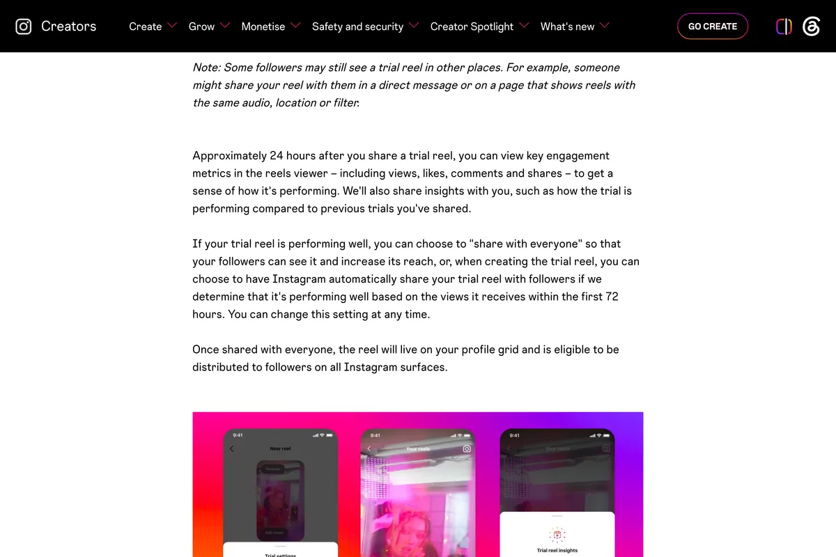 Instagram Creators blog post from December 2024 on trial reels, saying metrics appear approximately 24 hours after sharing and that Instagram can automatically share a trial reel with followers if it performs well based on the views it receives within the first 72 hours