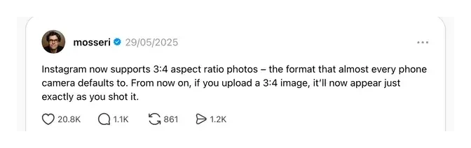 Adam Mosseri's post on Threads dated 29 May 2025: Instagram now supports 3:4 aspect ratio photos, the format that almost every phone camera defaults to, and a 3:4 image will now appear exactly as you shot it