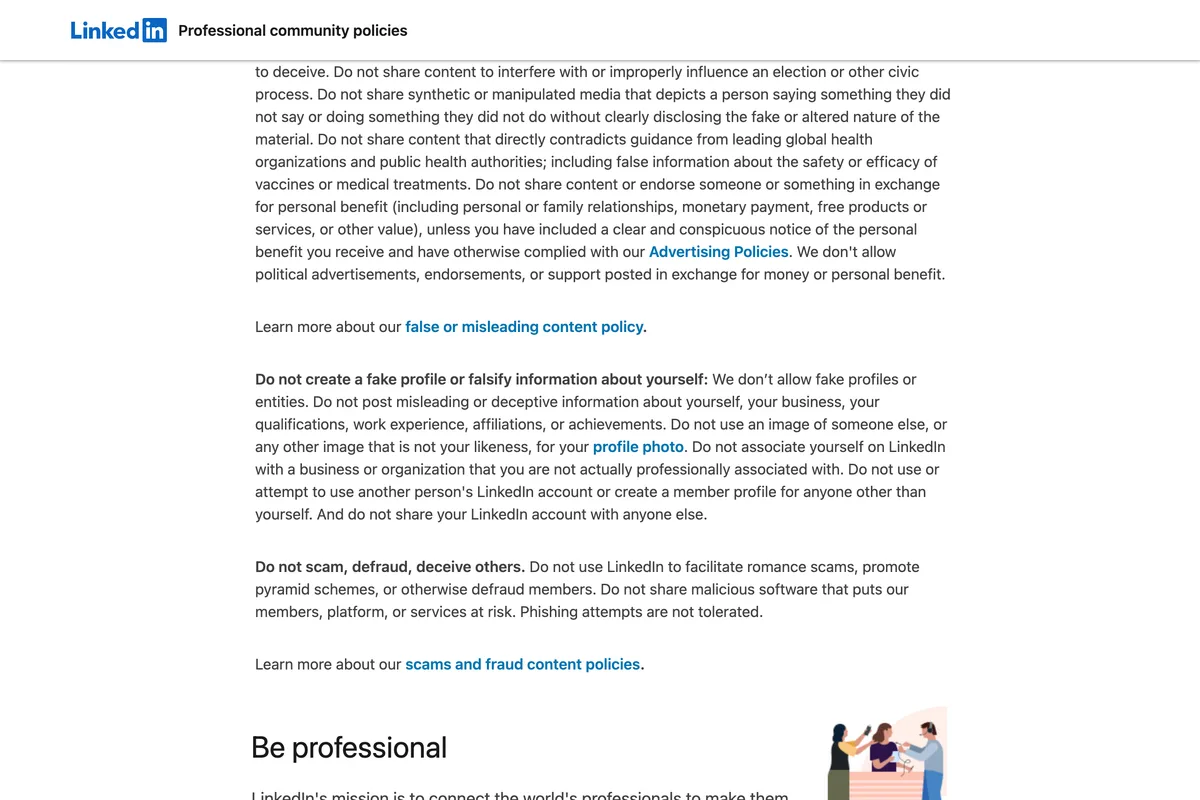 LinkedIn's Professional Community Policies page, section Do not create a fake profile or falsify information about yourself, including the sentence telling members not to use an image of someone else, or any other image that is not your likeness, for their profile photo