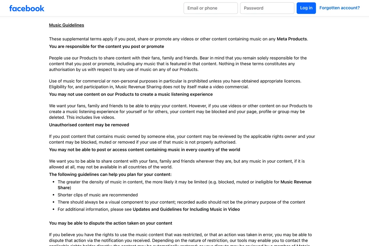 Meta's Music Guidelines page, showing the sections You are responsible for the content you post or promote, You may not use content on our Products to create a music listening experience, and Unauthorised content may be removed