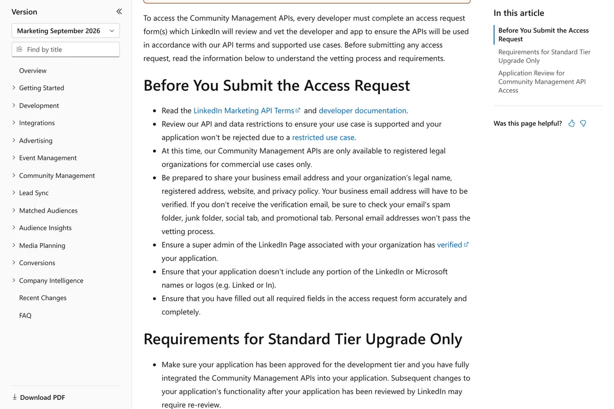 LinkedIn's Community Management App Review page listing the requirements: business email address, organization's legal name, registered address, website and privacy policy, verified by a super admin of the LinkedIn Page, and the note that personal email addresses won't pass the vetting process