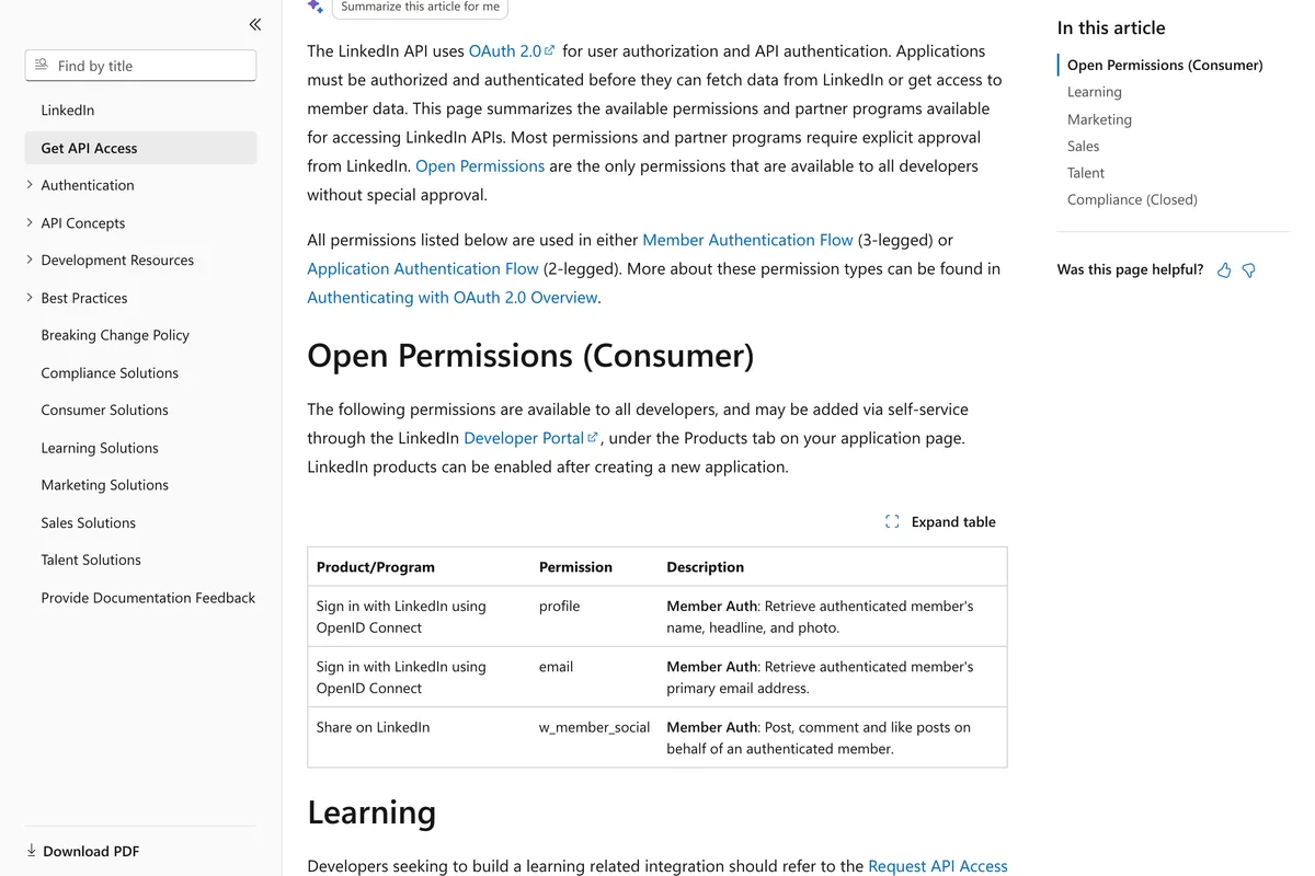LinkedIn's Getting Access to LinkedIn APIs page, Open Permissions section, listing Sign in with LinkedIn using OpenID Connect with profile and email, and Share on LinkedIn with w_member_social, as available to all developers via self-service