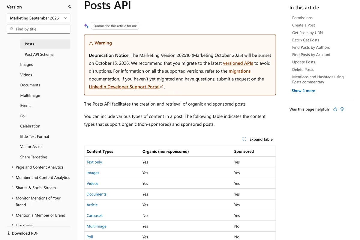 LinkedIn Posts API page, content types table: Text only, Images, Videos, Documents and Article are Yes for organic; Carousels are No for organic and Yes for sponsored; MultiImage and Poll are Yes for organic and No for sponsored