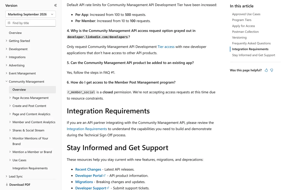 LinkedIn Community Management overview FAQ, question 6: How do I get access to the Member Post Management program? Answer: r_member_social is a closed permission. We're not accepting access requests at this time due to resource constraints.