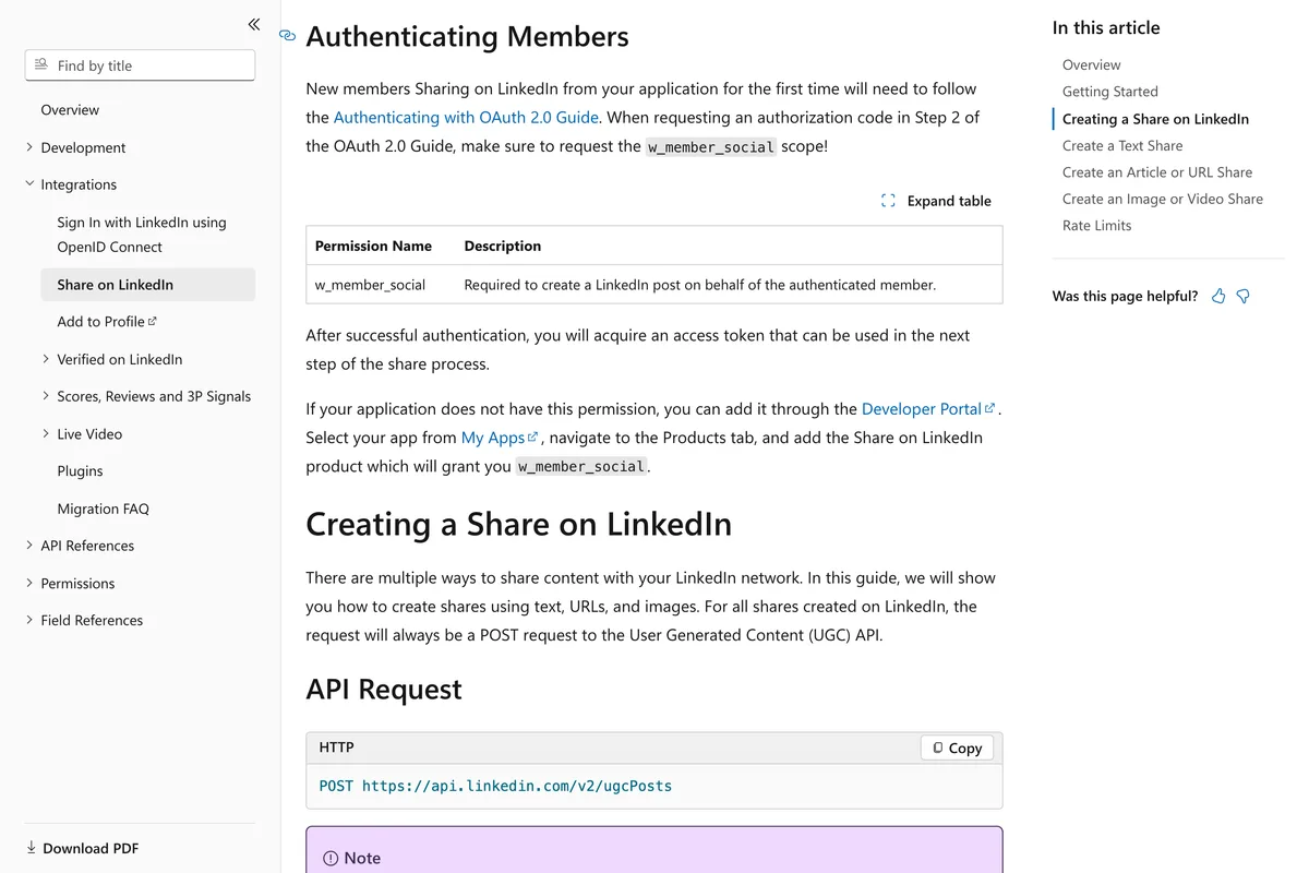 LinkedIn's Share on LinkedIn documentation page, Authenticating Members section, saying to request the w_member_social scope and to add the Share on LinkedIn product from the Products tab of the app in the Developer Portal