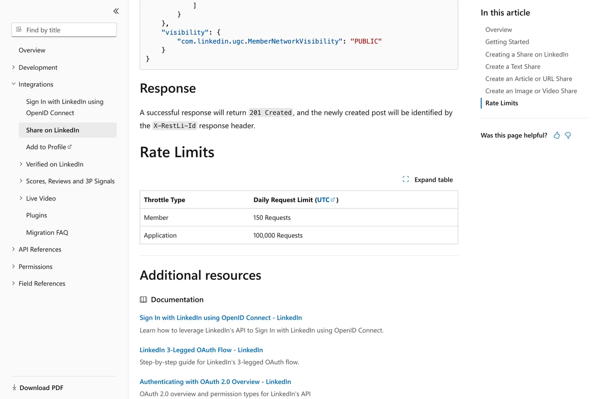Rate Limits table on LinkedIn's Share on LinkedIn page: Member, 150 requests per day; Application, 100,000 requests per day, UTC