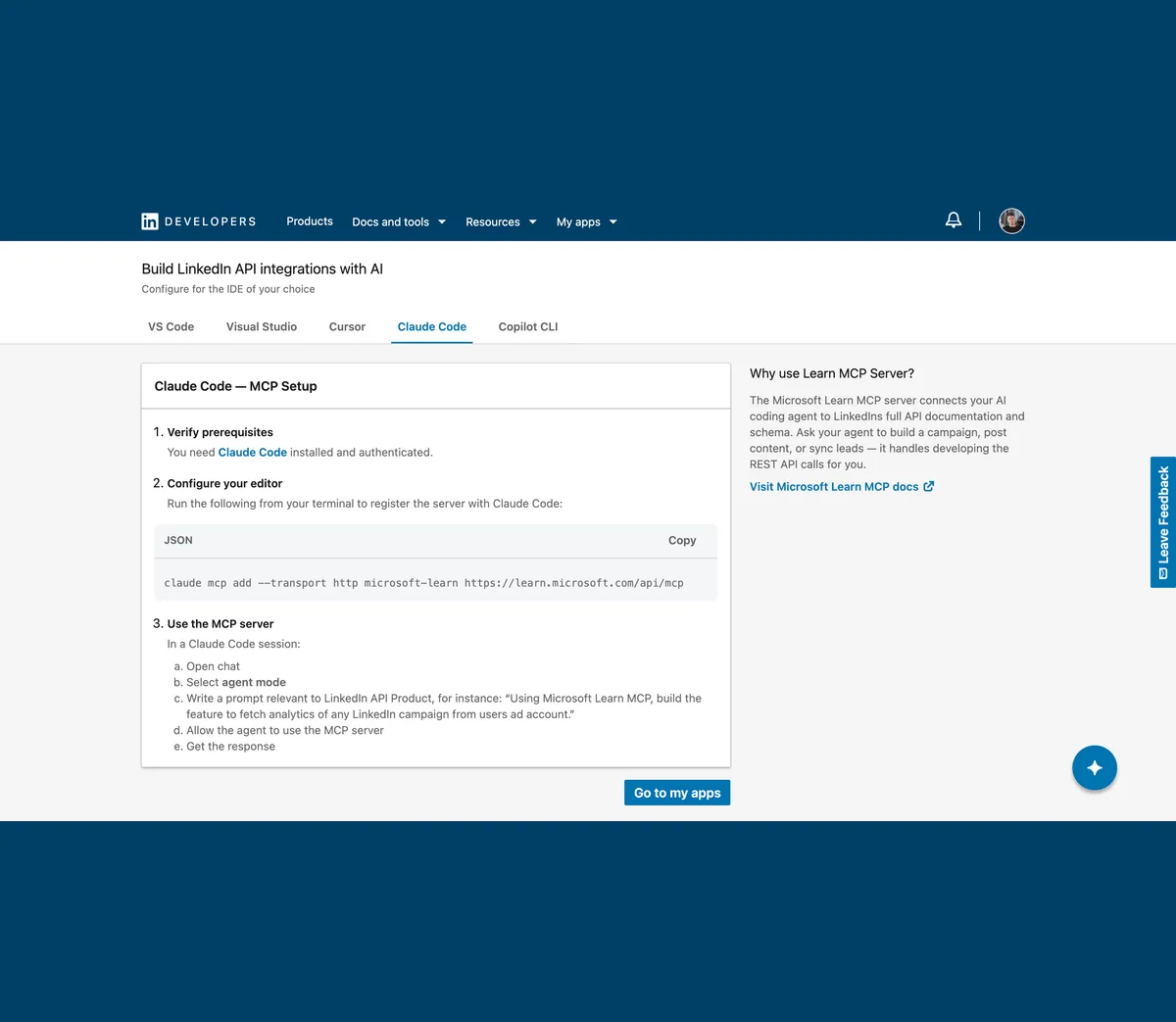 LinkedIn Developers page titled Build LinkedIn API integrations with AI, Claude Code tab selected, showing the command claude mcp add --transport http microsoft-learn https://learn.microsoft.com/api/mcp and a panel headed Why use Learn MCP Server