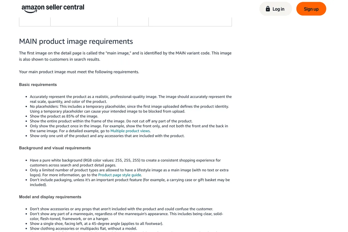Amazon Seller Central page, MAIN product image requirements: accurately represent the product, show the product as 85% of the image, and have a pure white background, RGB color values 255, 255, 255